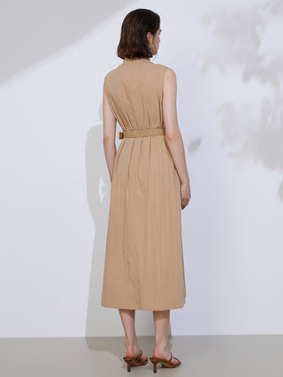 Khaki sleeveless maxi dress back view with tan buckle belt at waist