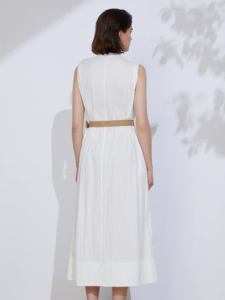 White sleeveless maxi dress back view with V-neck front style and tan belt at waist