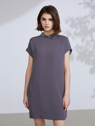 Dark gray silk shift dress with straight silhouette and embroidered necklace collar