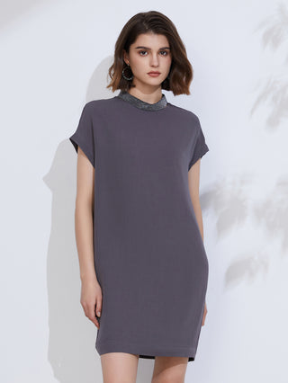 Women's Silk Short-Sleeve Dress with Trimmed Collar