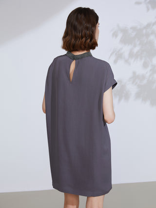 Dark gray silk shift dress back keyhole opening and embroidered necklace collar
