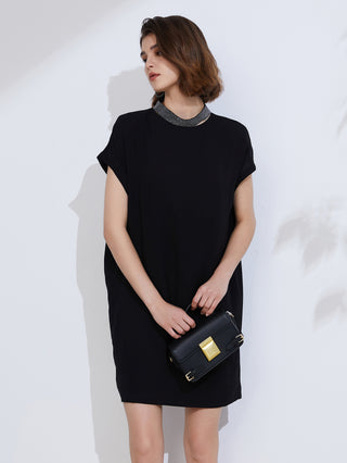 Black silk shift dress with embroidered necklace collar and relaxed shift fit
