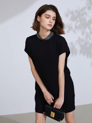 Black silk shift dress with embroidered necklace collar and roomy short-sleeve fit