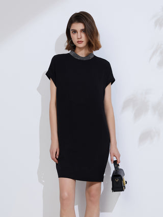 Black silk shift dress with embroidered necklace-style collar and short sleeves