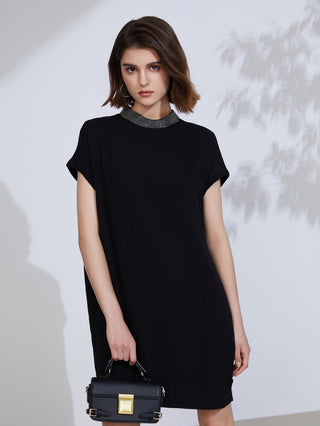 Black mulberry silk shift dress with embroidered necklace trim at round neckline