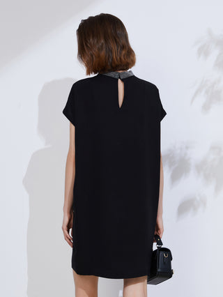 Black silk shift dress back keyhole opening with embroidered necklace collar
