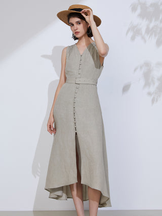Grey linen V-neck belted midi dress with sleeveless fit, front buttons, and curved hem