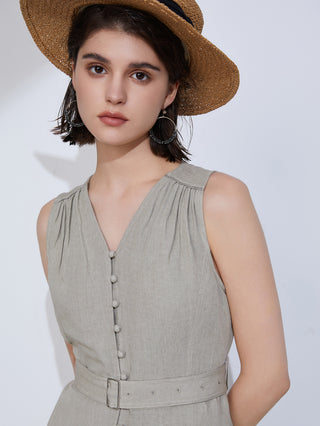 Grey linen V-neck dress bodice with gathered shoulders, button placket, and belt detail