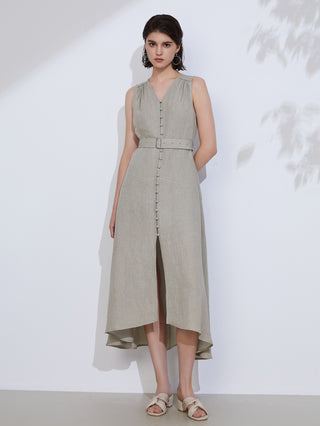Women's Linen V-Neck Sleeveless Belted Dress
