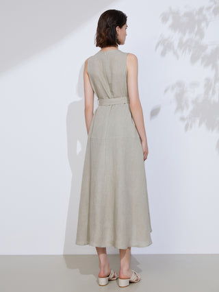 Grey linen belted midi dress from back view with sleeveless cut and tied waist belt