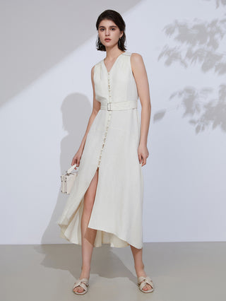 White linen V-neck belted midi dress, sleeveless button front and side slit.