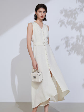 White linen V-neck belted midi dress with long button placket and side slit opening
