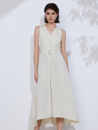 White linen V-neck belted midi dress with button front, sleeveless bodice, and waist belt