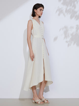 White linen sleeveless belted midi dress with V-neck and front button closure