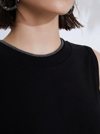 Black sleeveless midi dress with beaded neckline trim