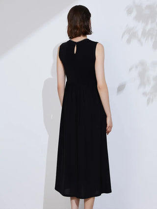 Black sleeveless midi dress back with keyhole cutout and gathered waist