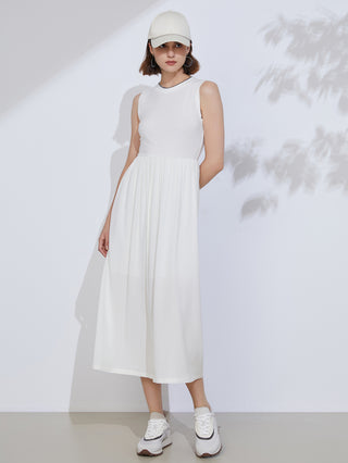 White sleeveless midi dress, full length with gathered skirt and simple crew neck