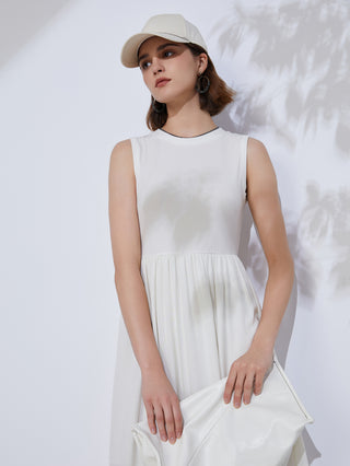 White sleeveless midi dress with crew neckline and gathered waist
