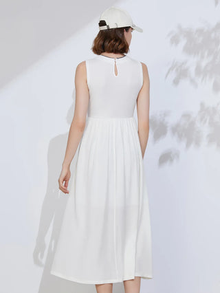 White sleeveless midi dress back with keyhole cutout and gathered skirt