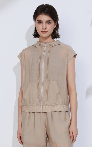 Camel sleeveless zip hoodie with drawstring hood and front patch pockets