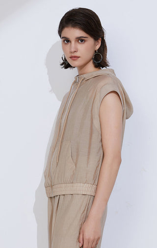 Camel sleeveless zip hoodie, hooded neckline with drawstrings