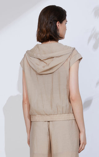 Camel sleeveless hoodie viewed from back with hood and yoke seam