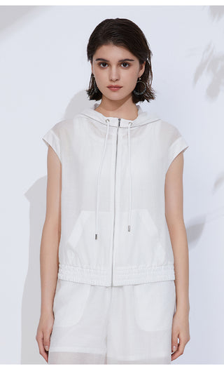 White sleeveless zip hoodie with drawstring hood and front patch pocket