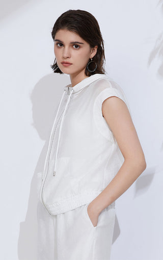 White sleeveless zip-up hoodie with hood strings and side seam details