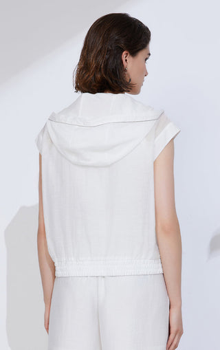 White sleeveless hoodie back view with hood and elastic hem