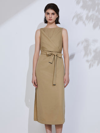 Khaki linen-tencel midi dress with self-tie belt, sleeveless, straight skirt