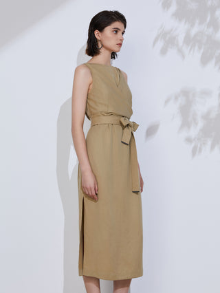 Khaki midi dress with self-tie belt and slight side slit at hem, side angle