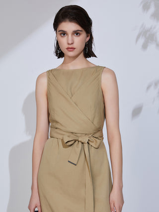 Khaki sleeveless midi dress with wrapped bodice and self-tie waist belt, front close
