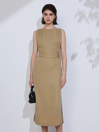 Khaki sleeveless midi dress with self-tie waist belt, minimal seams, front view