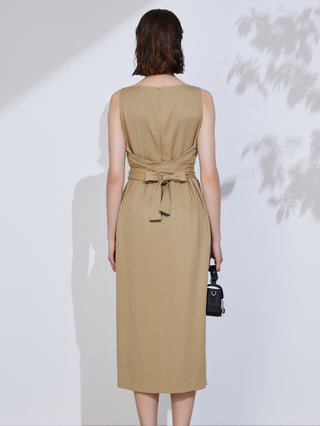 Khaki midi dress back view with self-tie belt at waist, sleeveless design