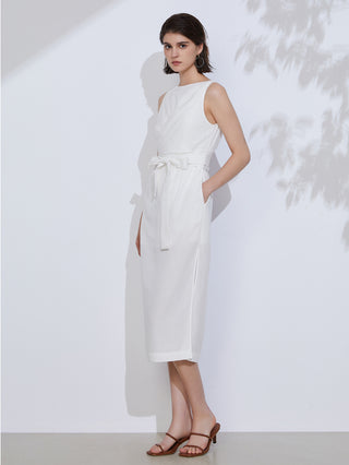 White linen-tencel midi dress with self-tie belt at waist, sleeveless, front view