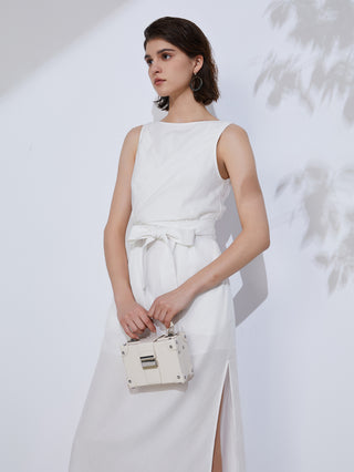 White midi dress with self-tie waist belt and slight side slit at hem