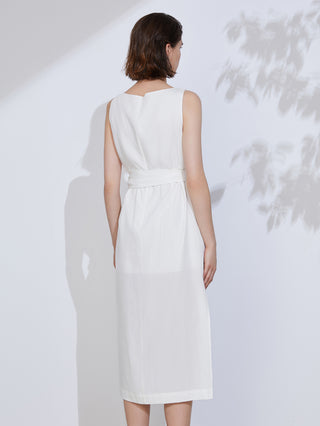 White midi dress back view with tied waist belt, sleeveless cut