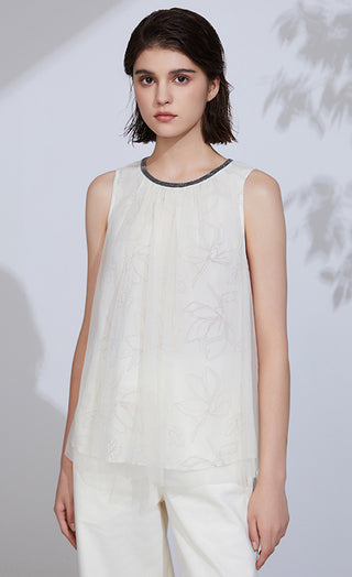 Women’s Floral Embroidered Silk Sleeveless Top