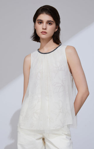 Ivory silk-blend sleeveless blouse with floral motif and beaded crew neck trim