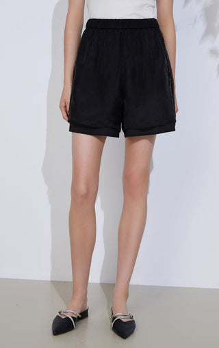 Black sheer-layered lightweight shorts with smocked elastic waistband