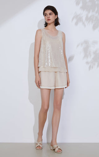 Apricot sheer-layered lightweight shorts with elastic waist and layered front hem