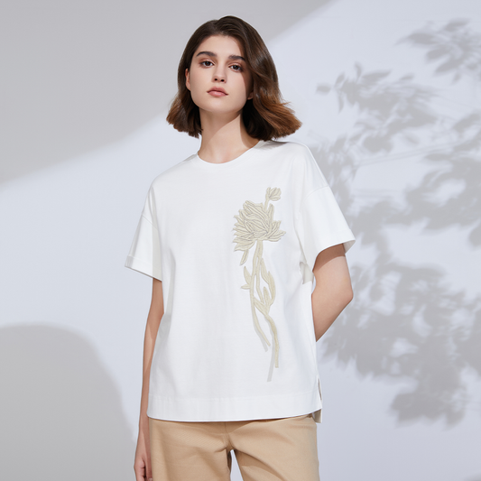 Women's Sequin Embroidered Cotton Tencel Linen T-Shirt