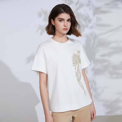 Women's Sequin Embroidered Cotton Tencel Linen T-Shirt