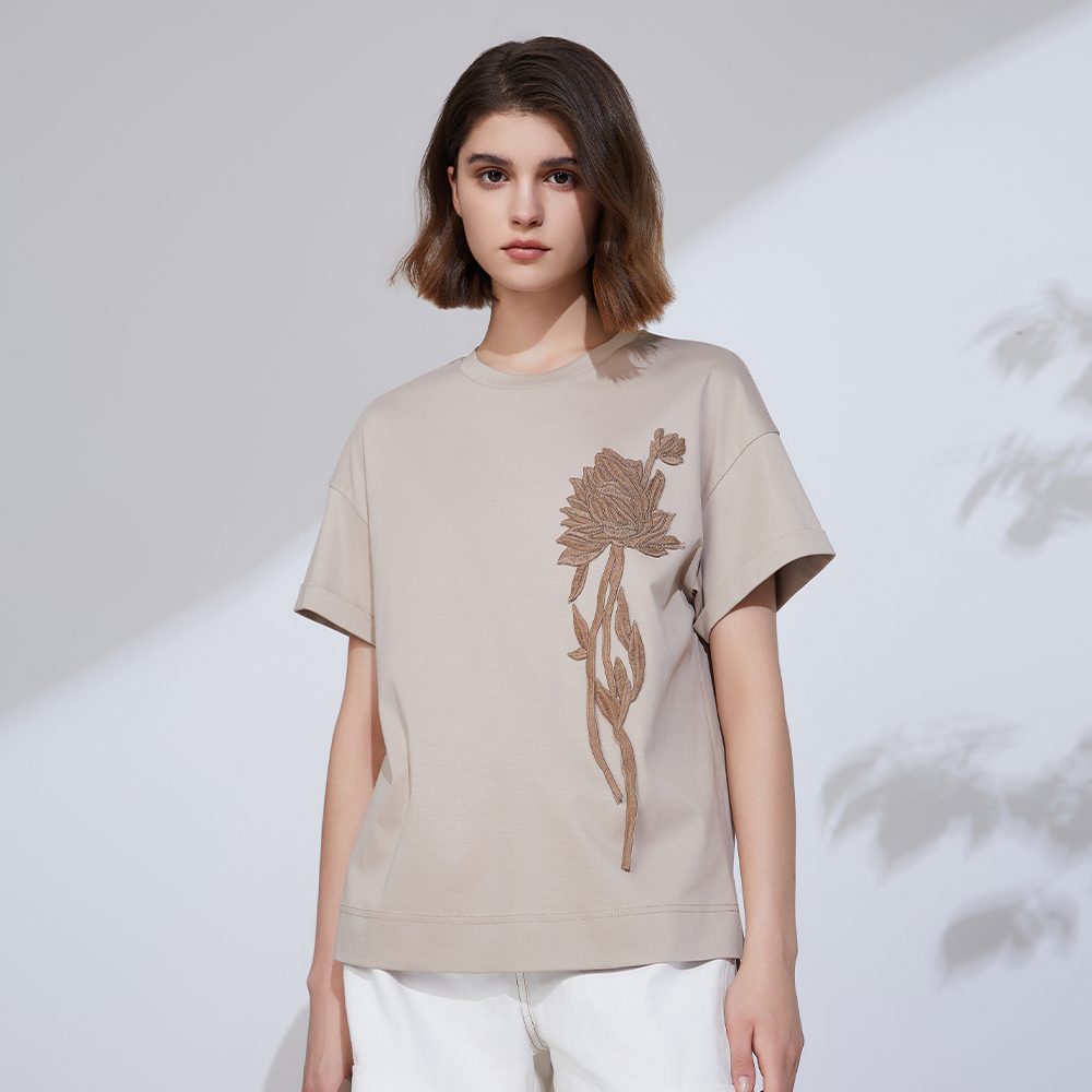 Women's Sequin Embroidered Cotton Tencel Linen T-Shirt