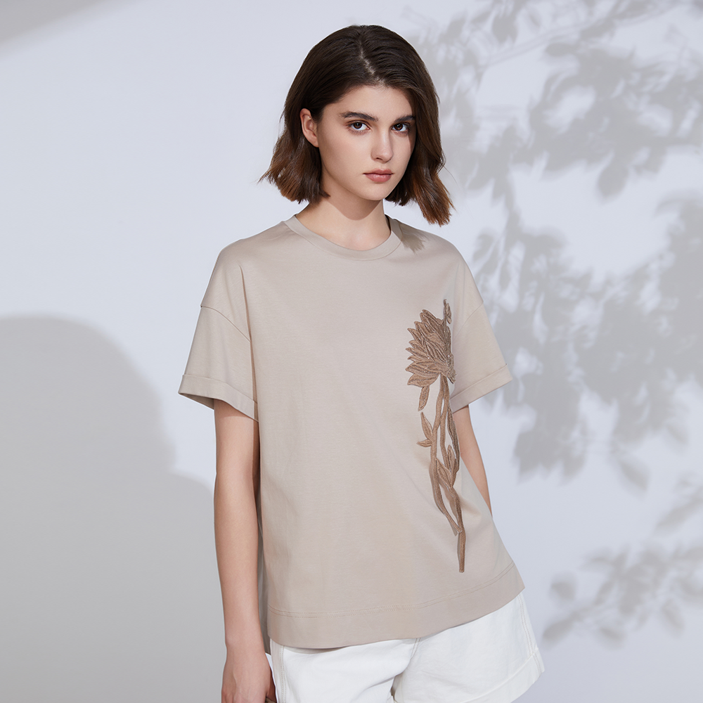 Women's Sequin Embroidered Cotton Tencel Linen T-Shirt