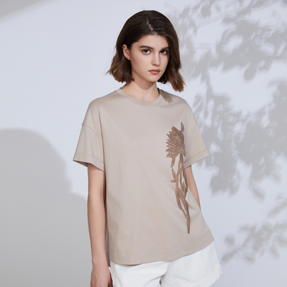 Women's Sequin Embroidered Cotton Tencel Linen T-Shirt K2360W