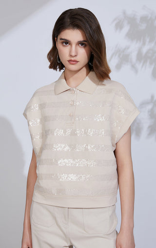 Camel cotton-blend striped sequin knit polo top, short sleeves, button placket, collar