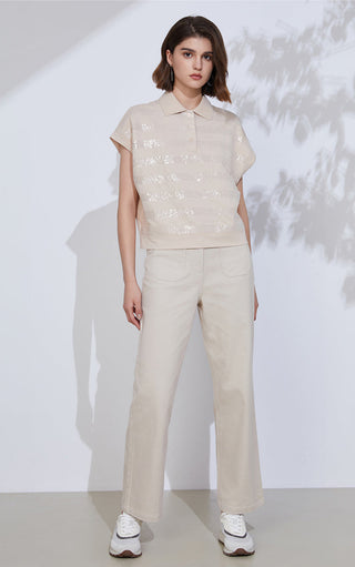 Camel cotton-blend striped sequin knit polo top, front view with short sleeves