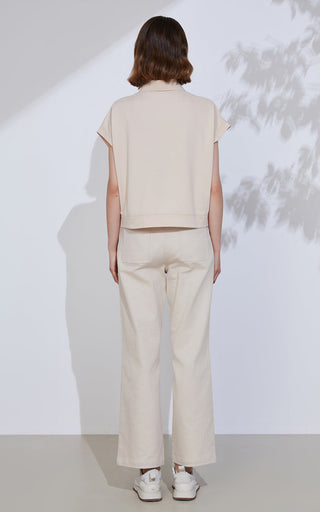 Camel striped sequin polo knit top, back view with short sleeves and ribbed hem