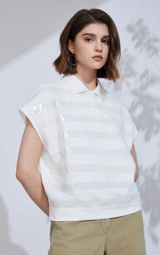 White cotton-blend striped sequin knit polo top, front view with collar and buttons